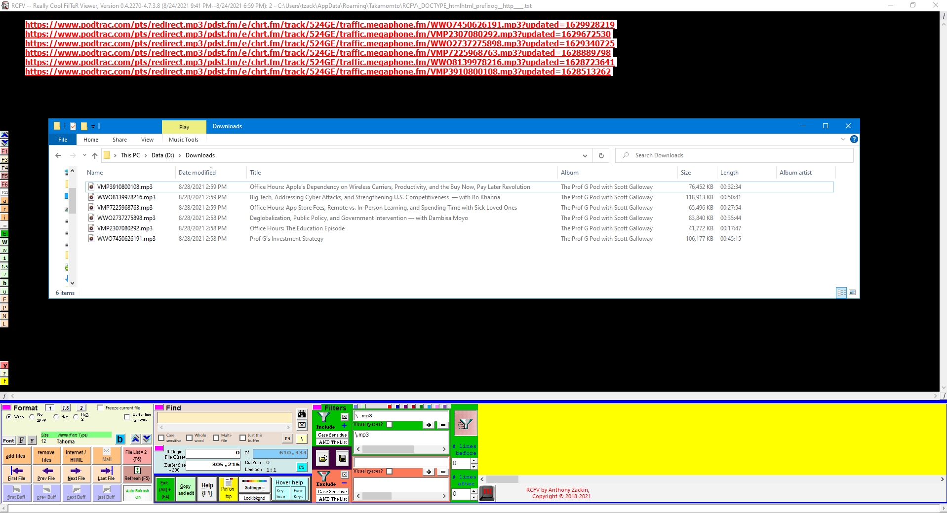 Downloaded mp3 files list superimposed over viewer with control panel